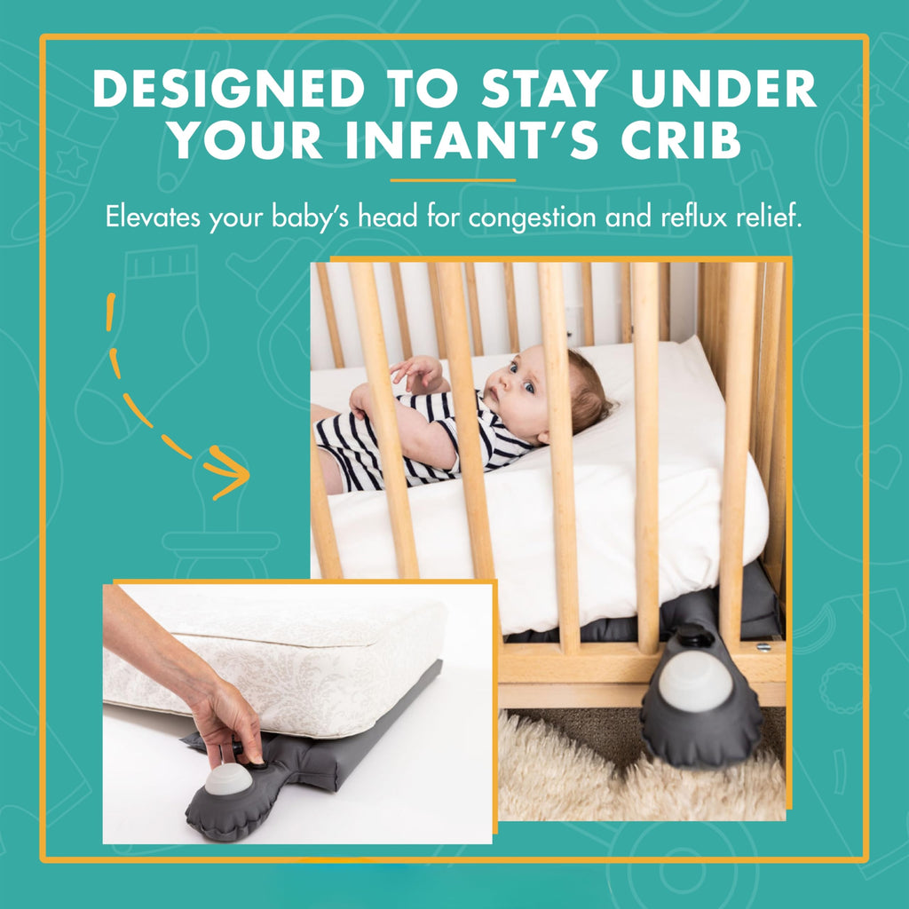 Inflatable crib wedge placed under crib mattress nursery setup